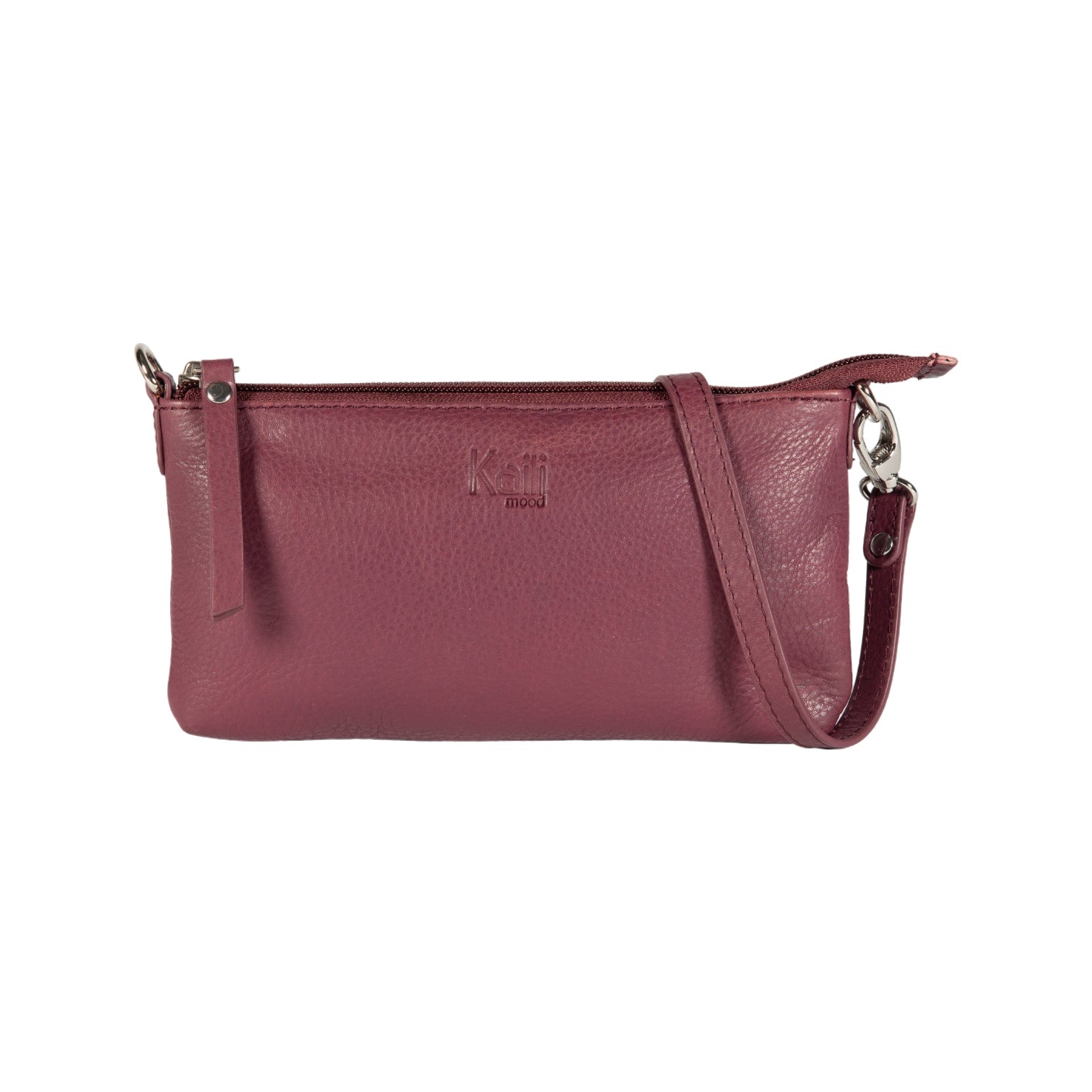 Maroon leather handbag with a strap on a white background