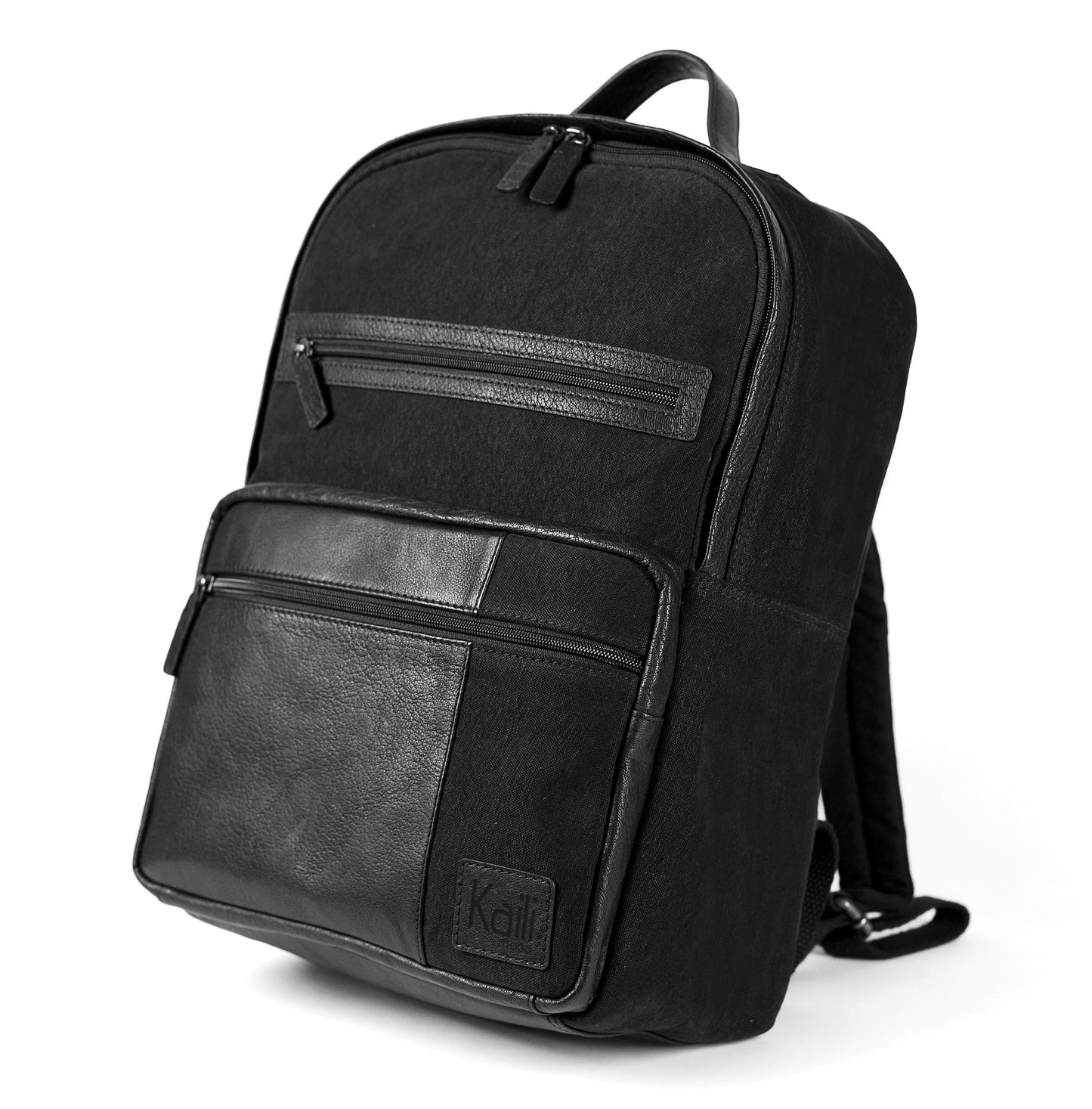 Black backpack with leather accents on a white background