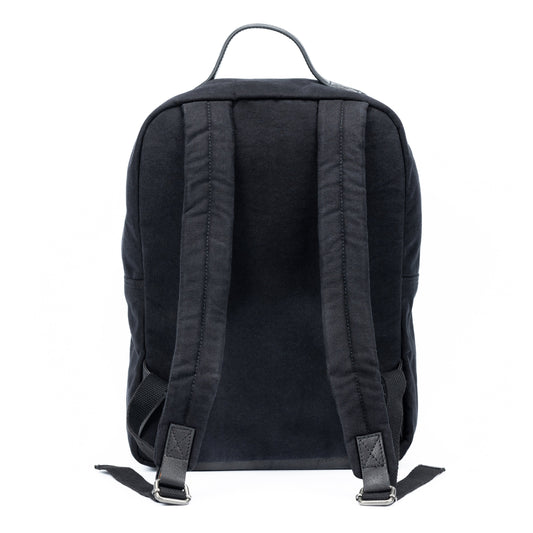Black backpack shown from the back on a white background