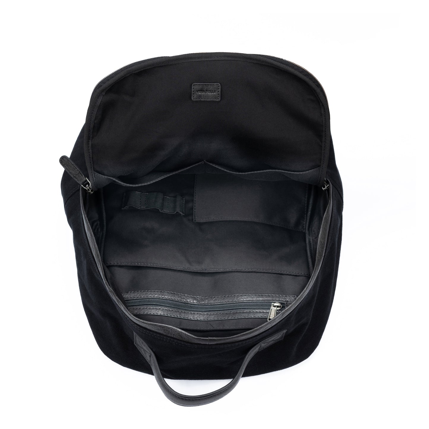 Black backpack with visible brand logo on a white background