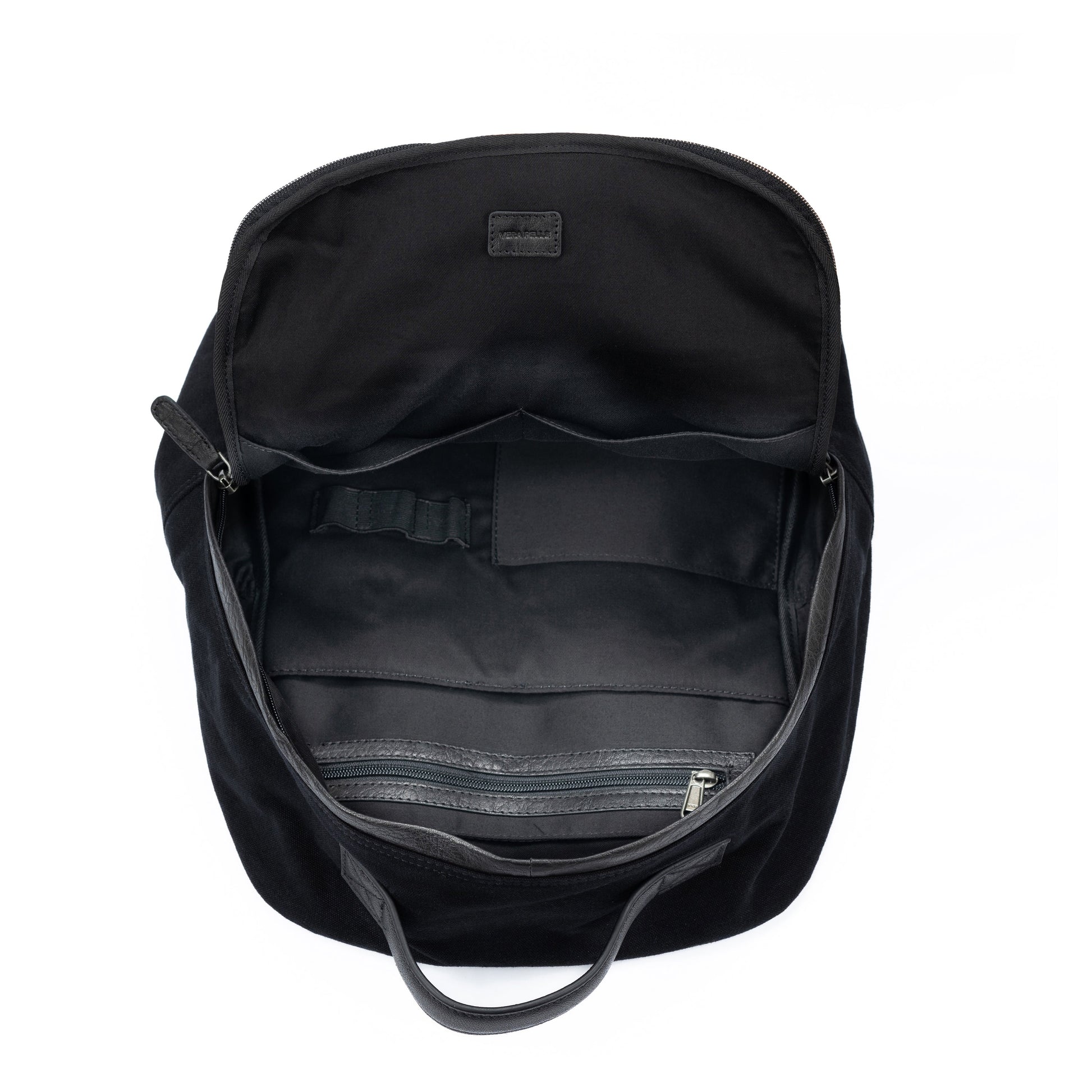 Black backpack with visible brand logo on a white background