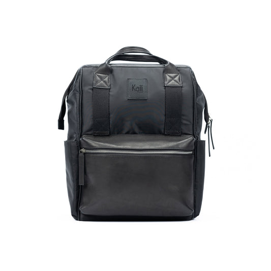 Black backpack with visible brand logo on a white background