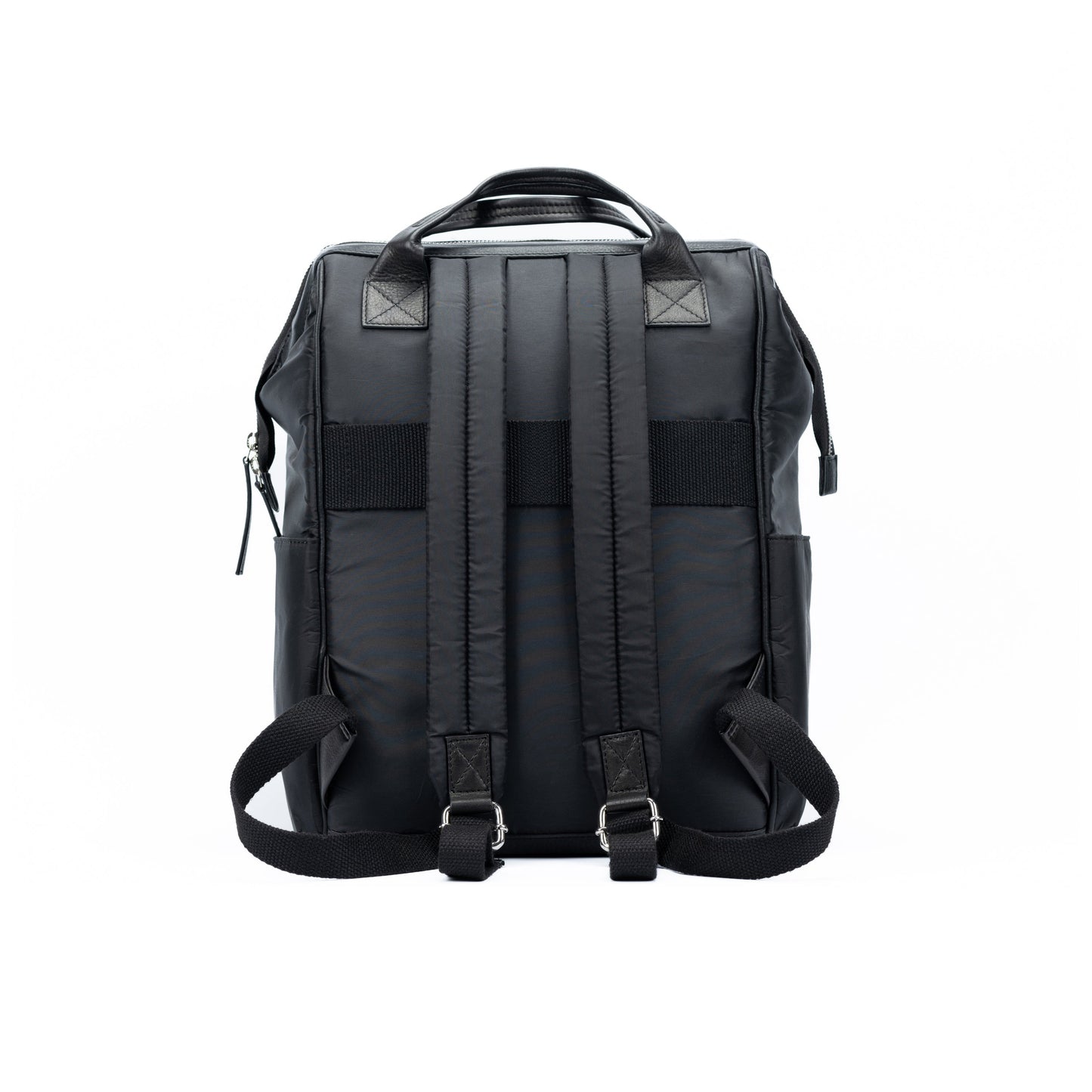 Black backpack shown from the back on a white background