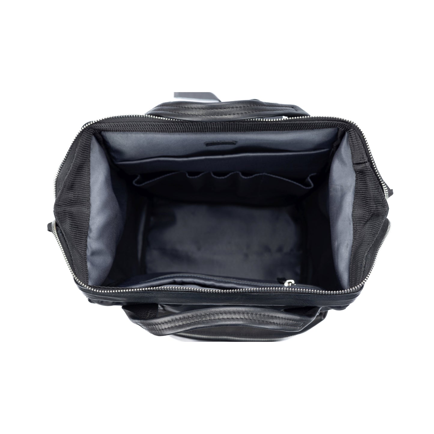 Black leather bag with open front compartment on a white background