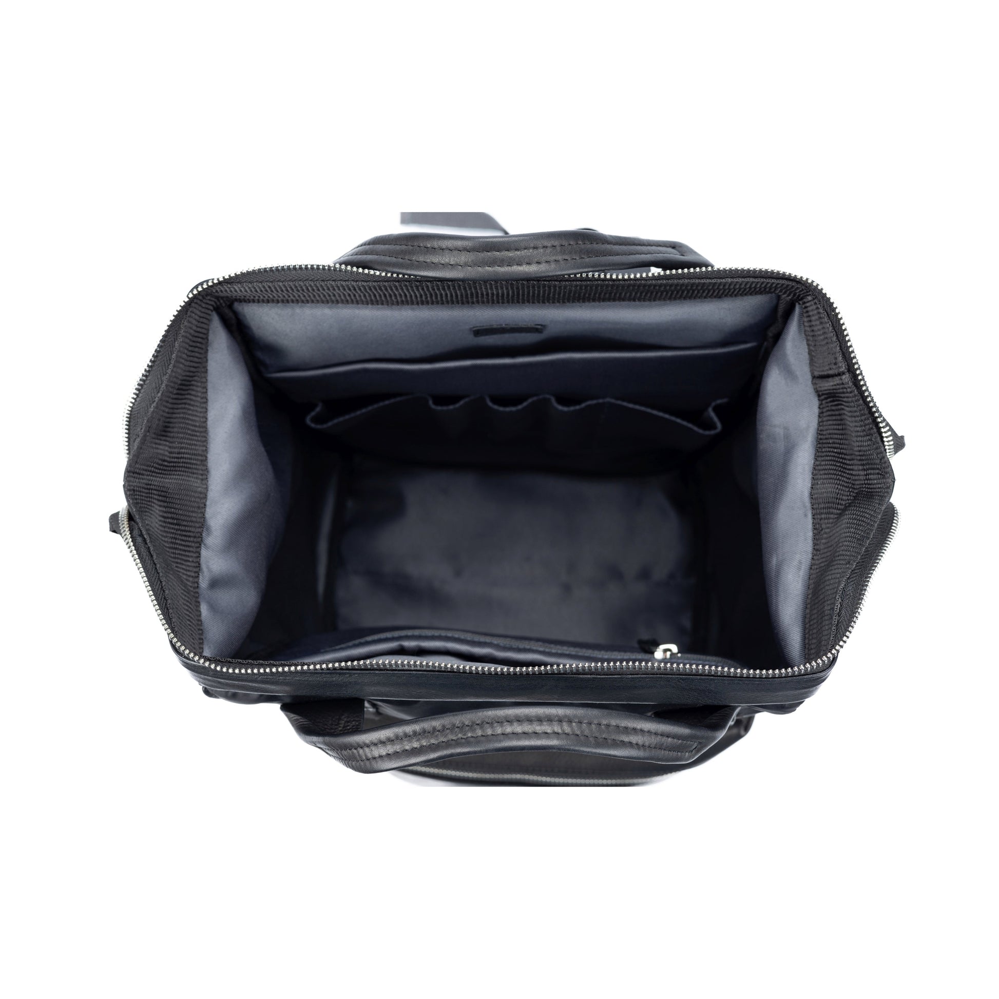 Black leather bag with open front compartment on a white background