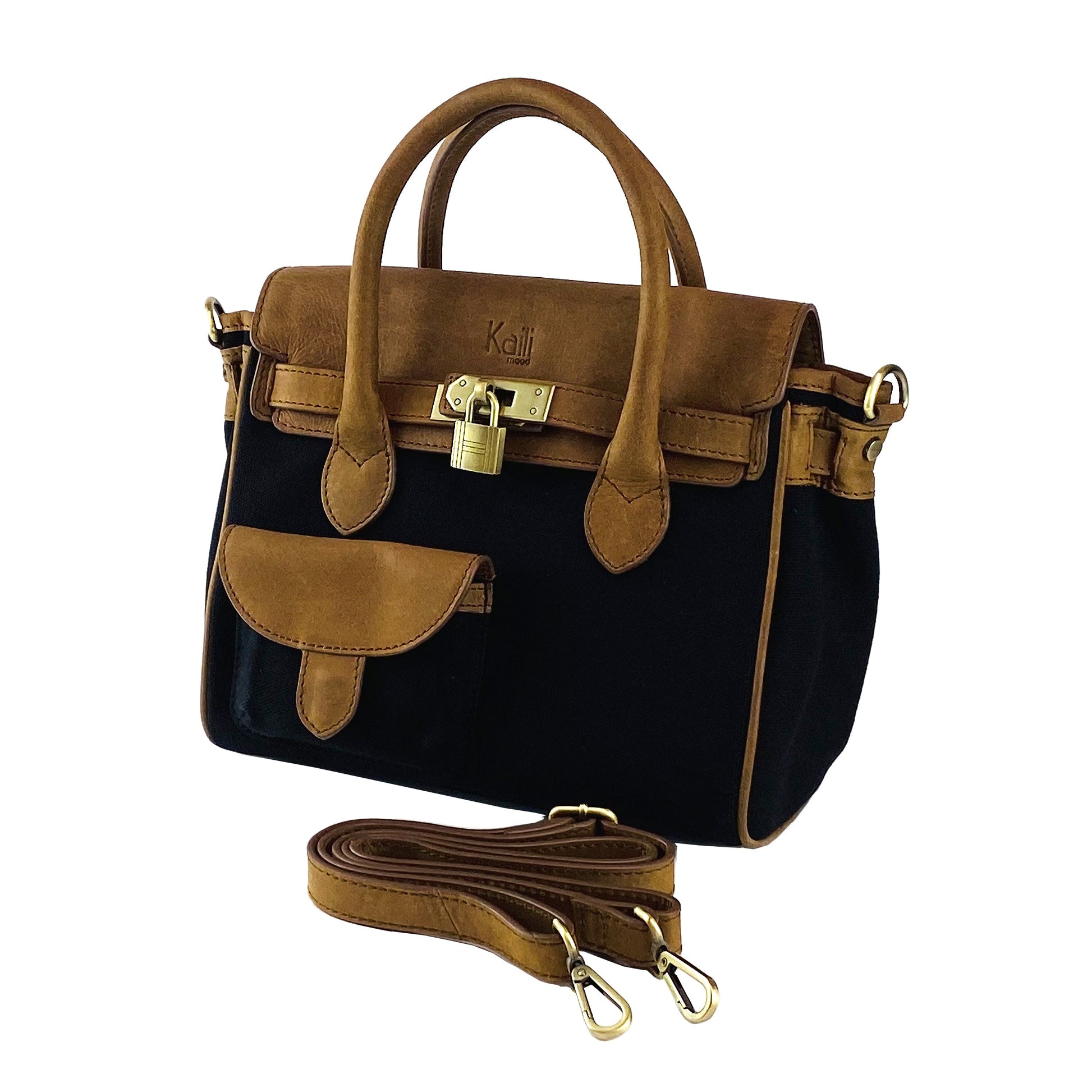 Brown and black handbag with a strap on a white background