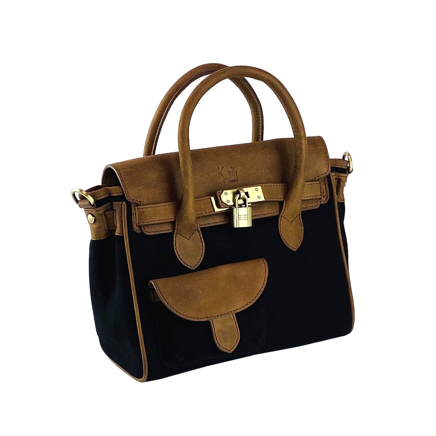 Brown and black handbag with a gold lock on a white background