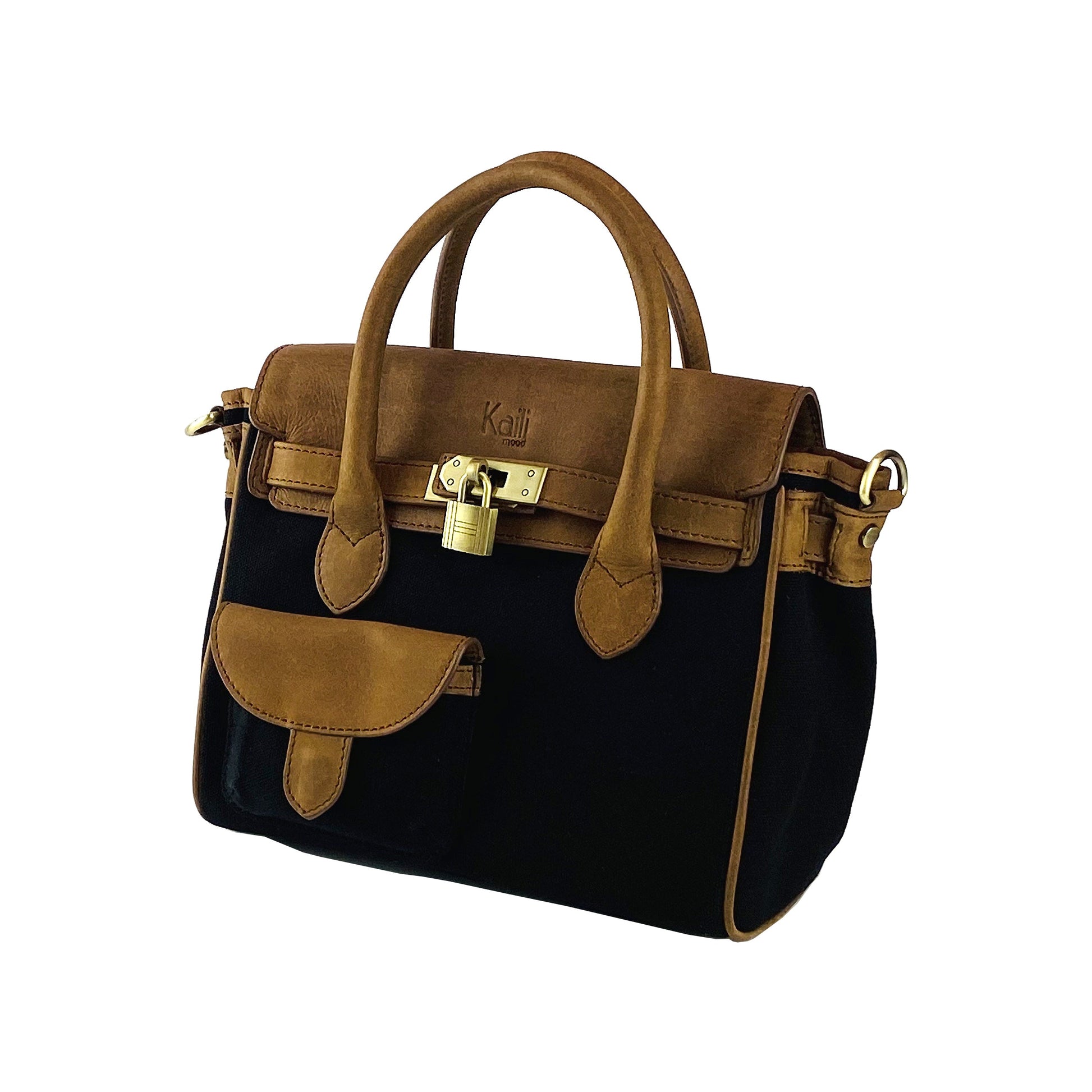 Black handbag with brown leather accents on a white background