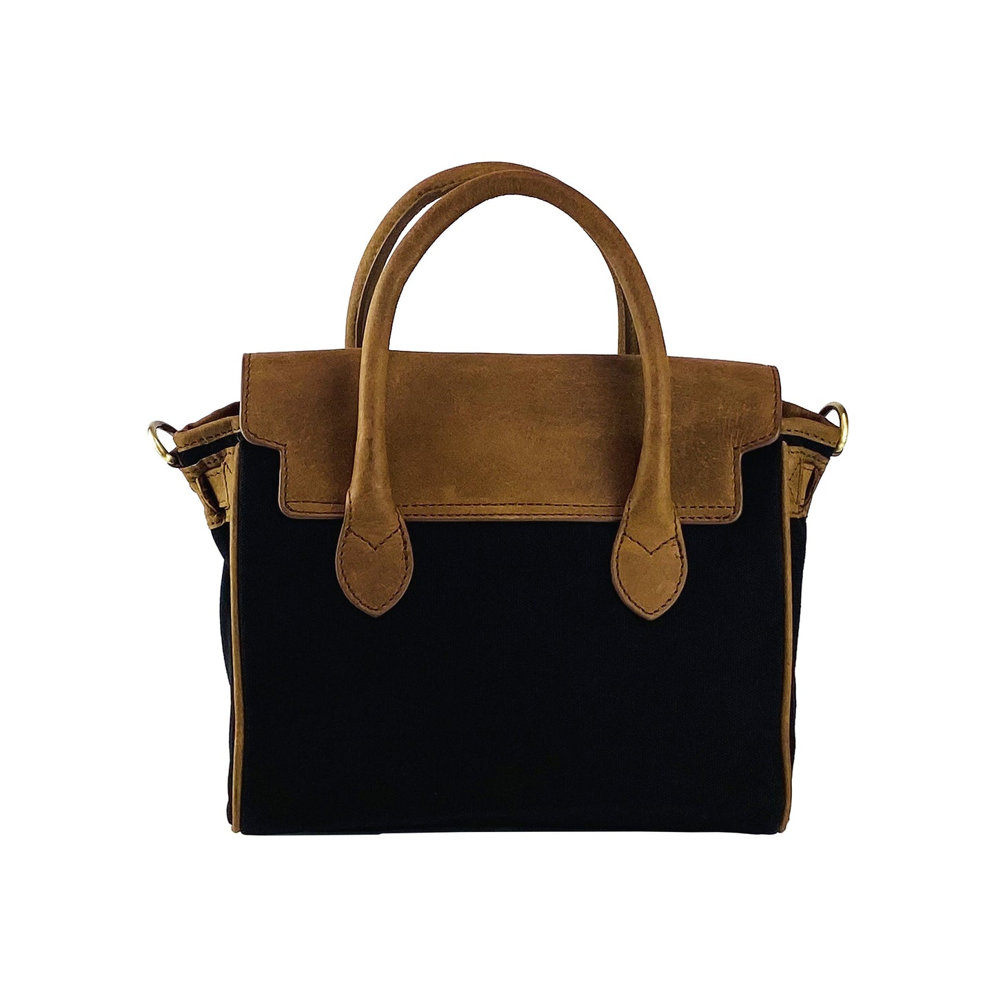 Black handbag with brown leather handles and accents on a white background