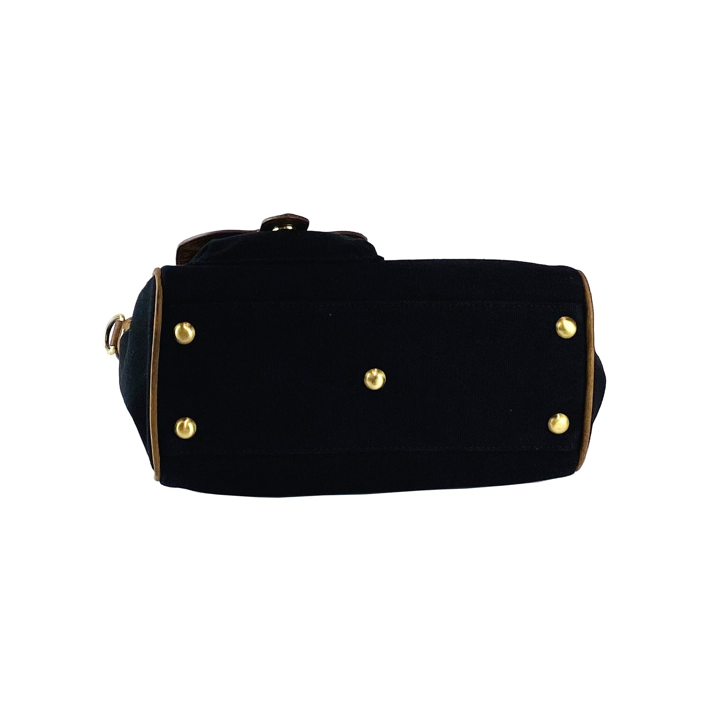 Black handbag with gold accents on a white background
