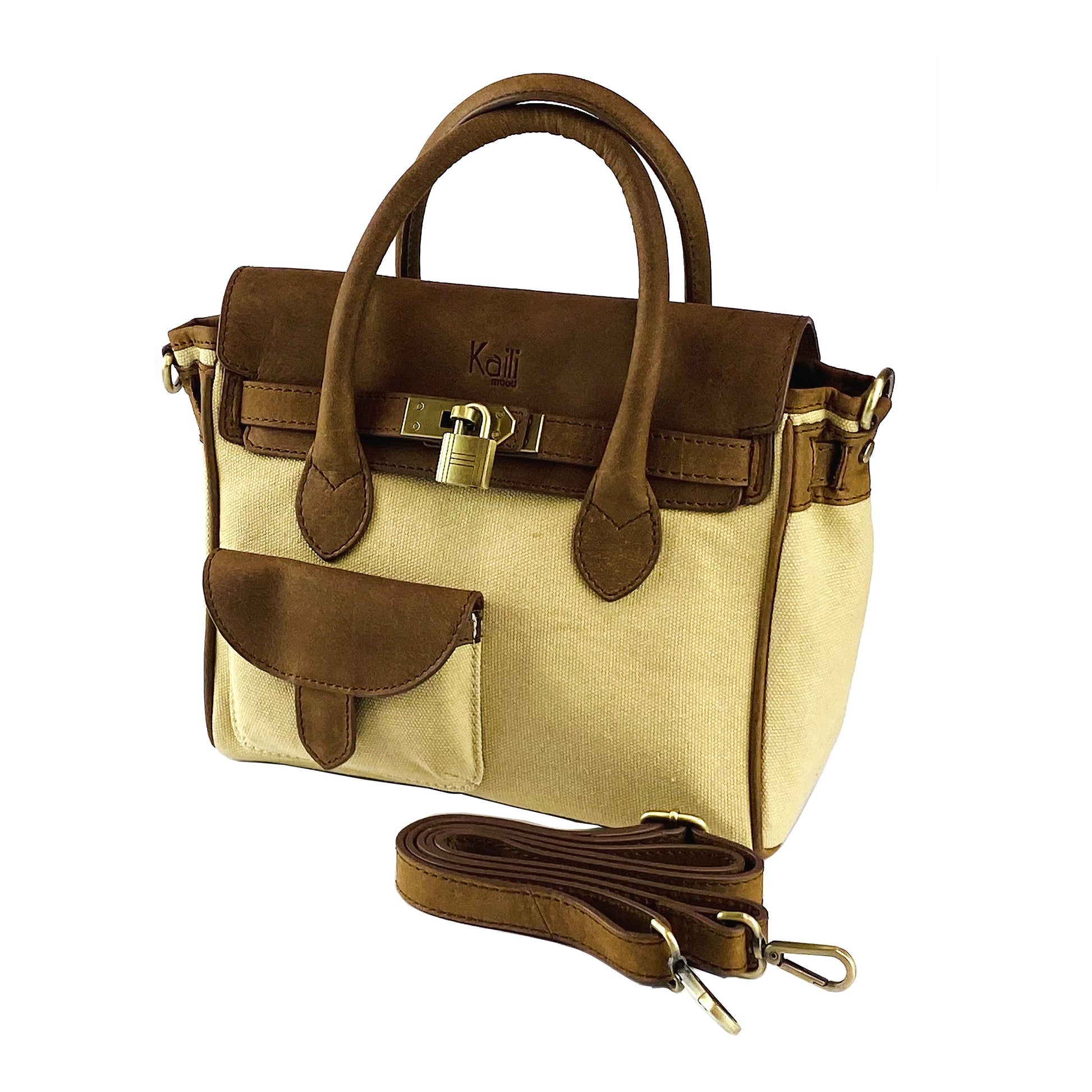 Brown and beige handbag with a strap on a white background