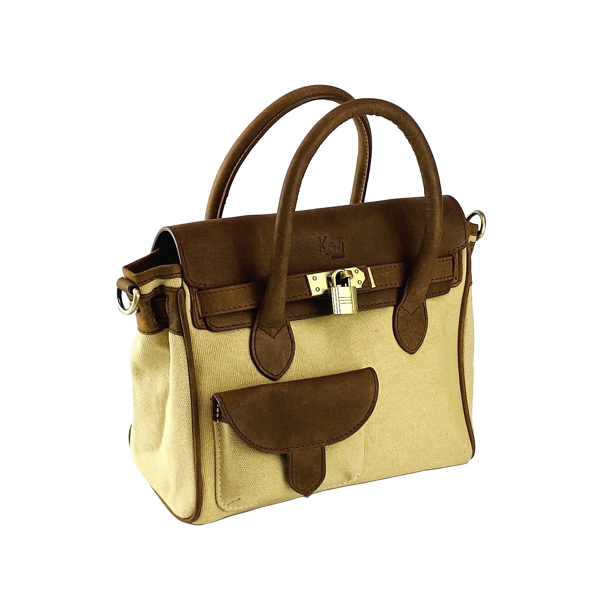 Brown and beige handbag with a gold lock on a white background