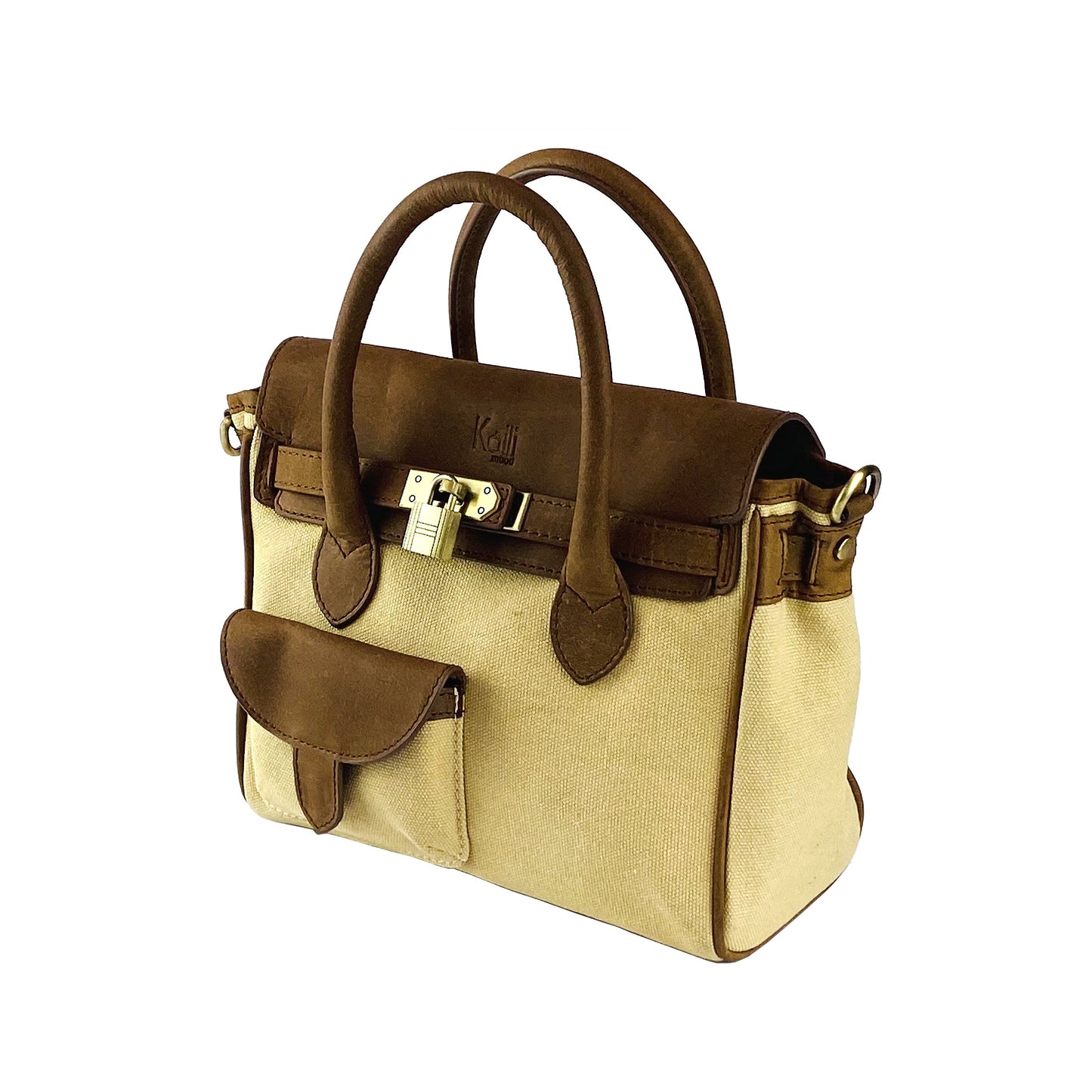 Brown and beige handbag with leather accents on a white background