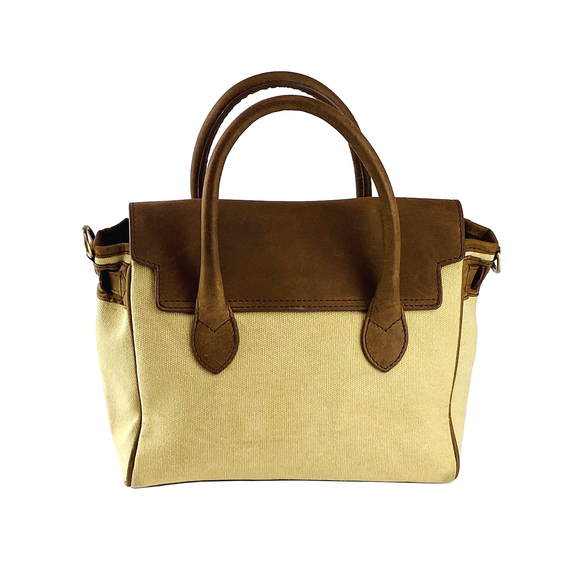 Handbag with brown top section and beige bottom section on a white background