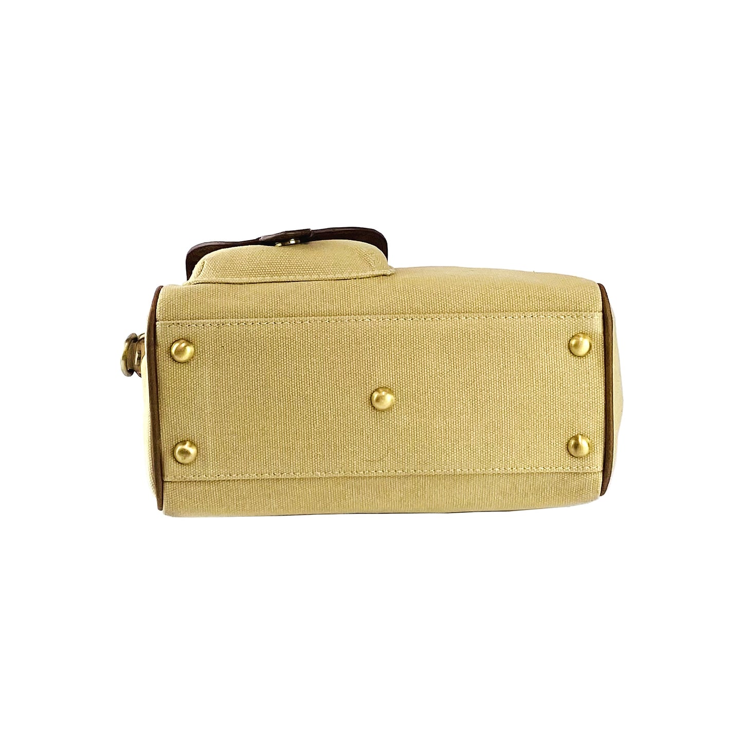 Beige cylindrical bag with gold accents on a white background