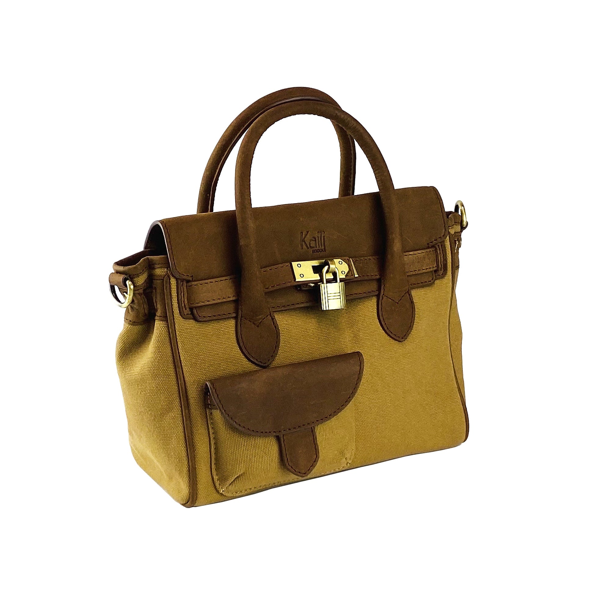 Brown handbag with a lock on a white background
