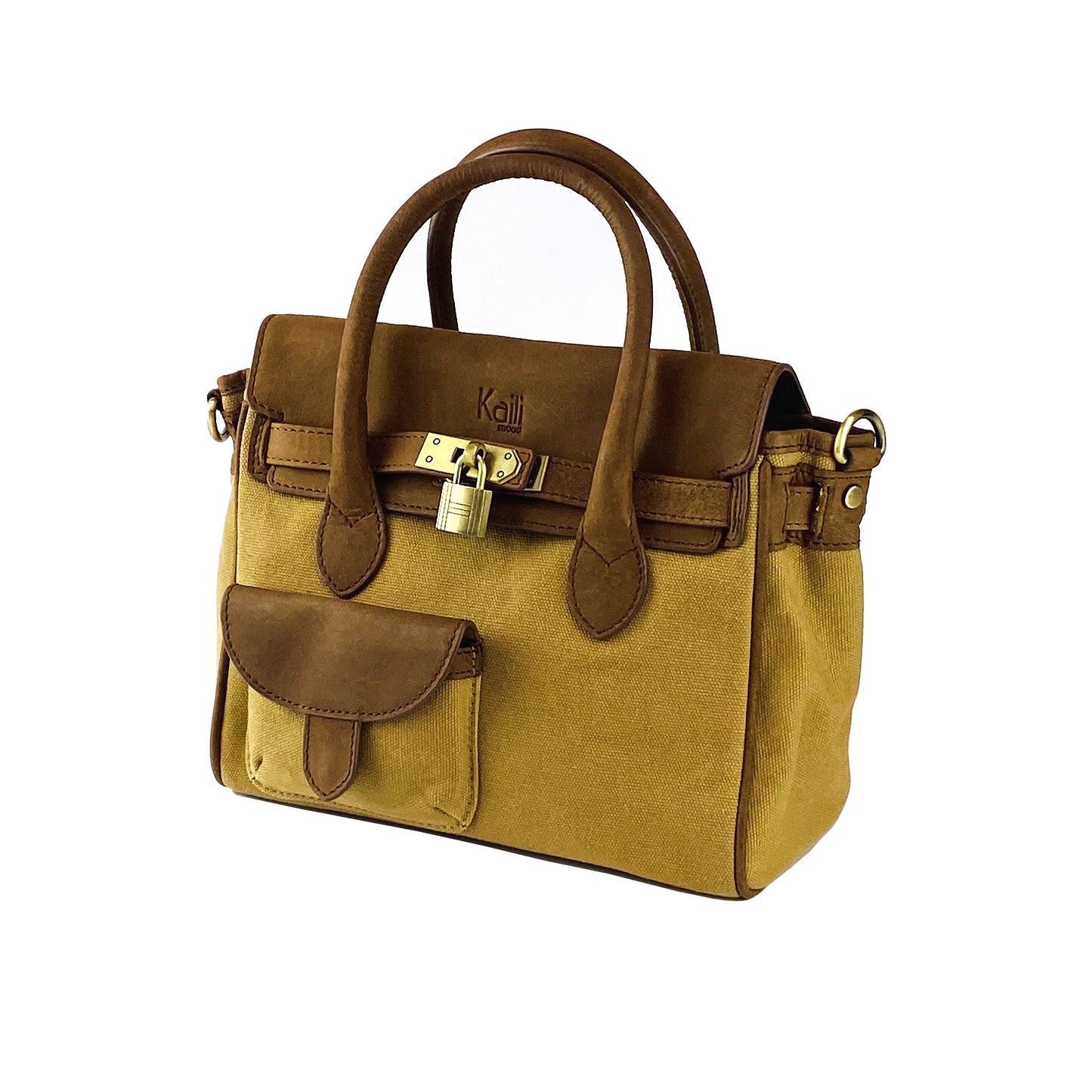 Brown handbag with gold accents on a white background