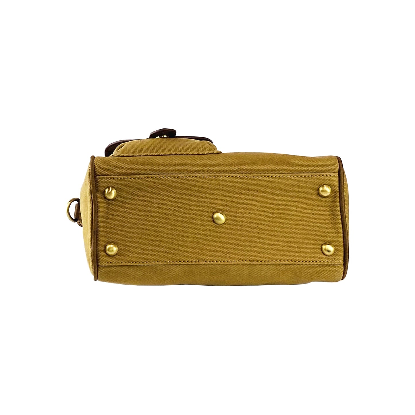 Brown toiletry bag with gold buttons on a white background
