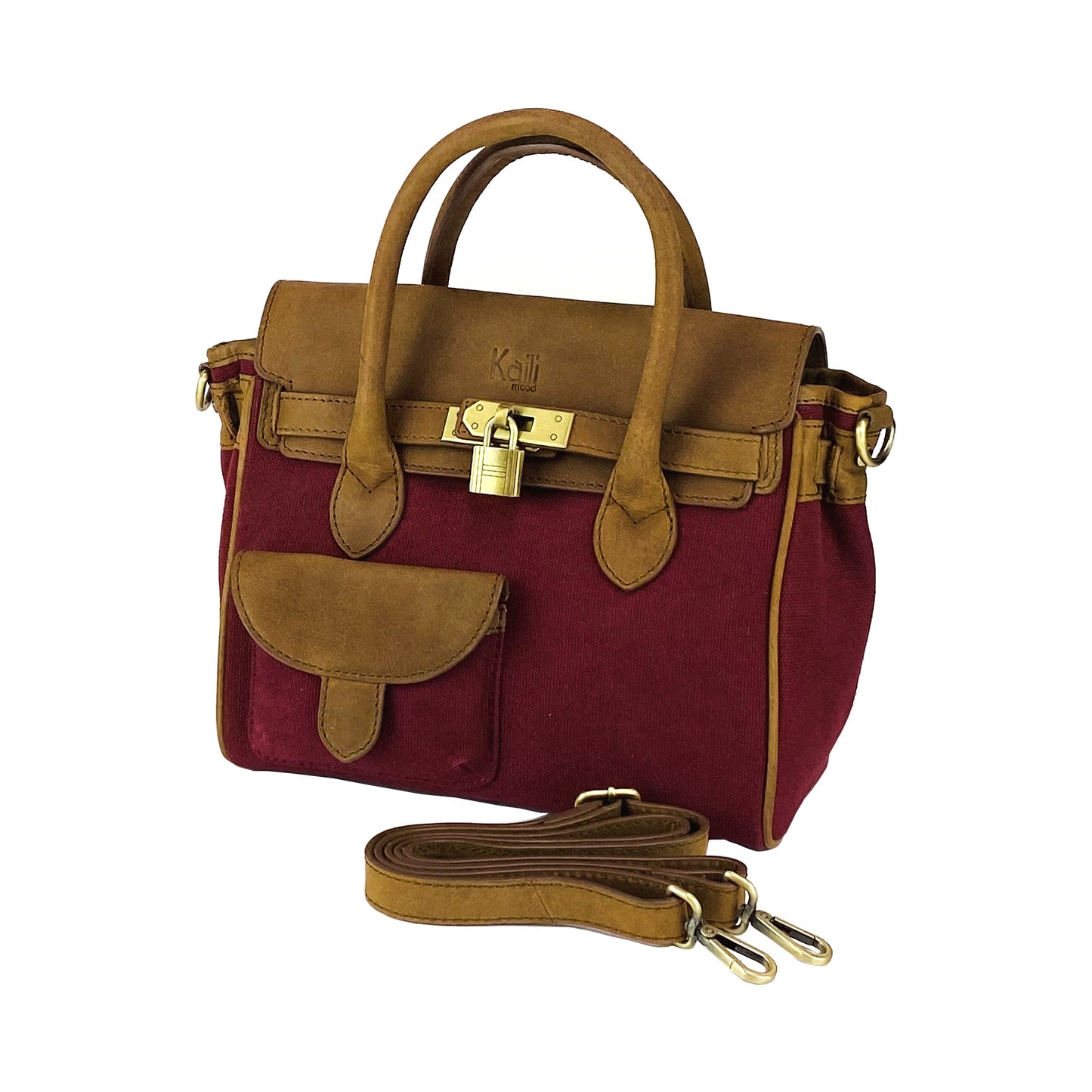Brown and red handbag with a gold lock on a white background