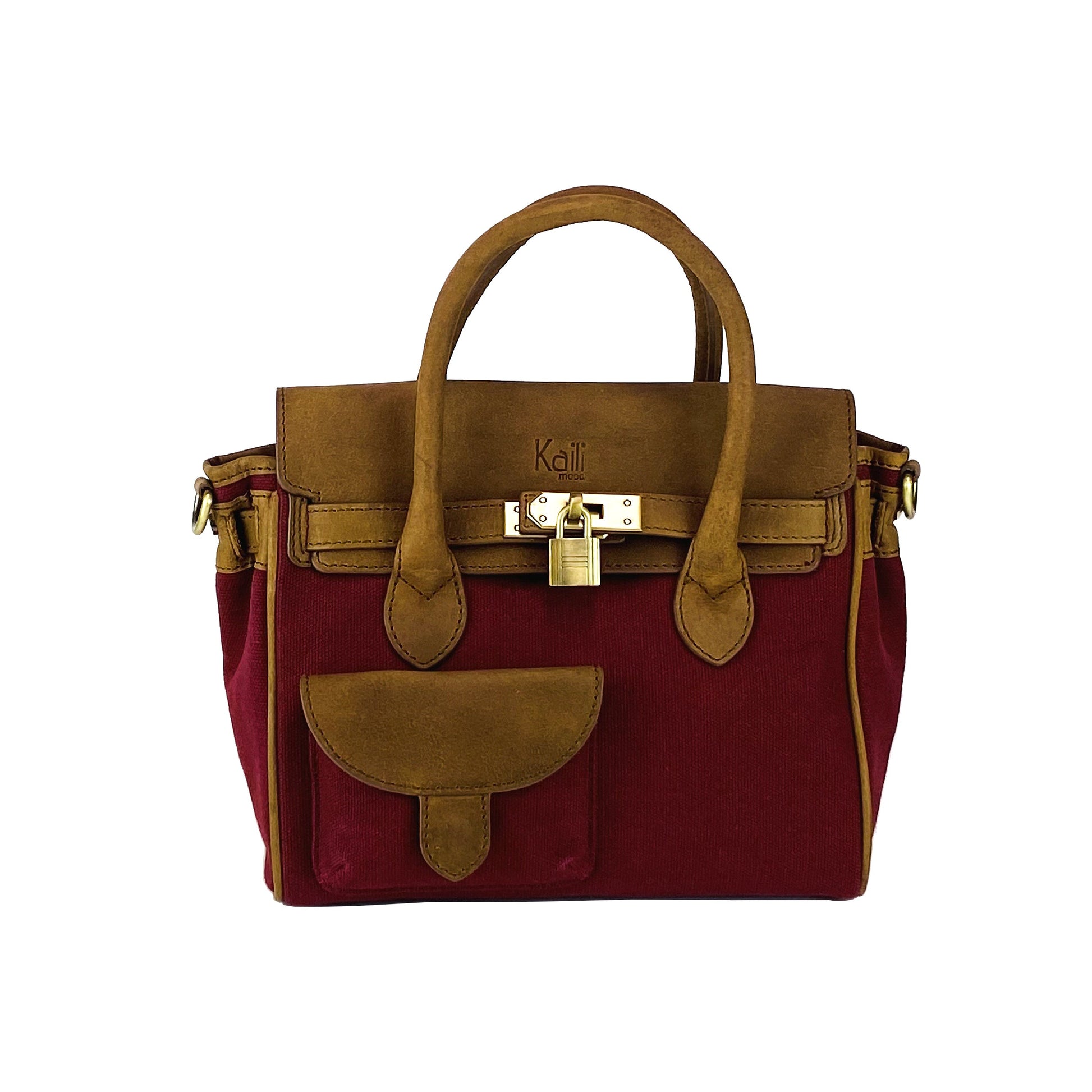 Brown and red handbag with a visible brand logo on a white background