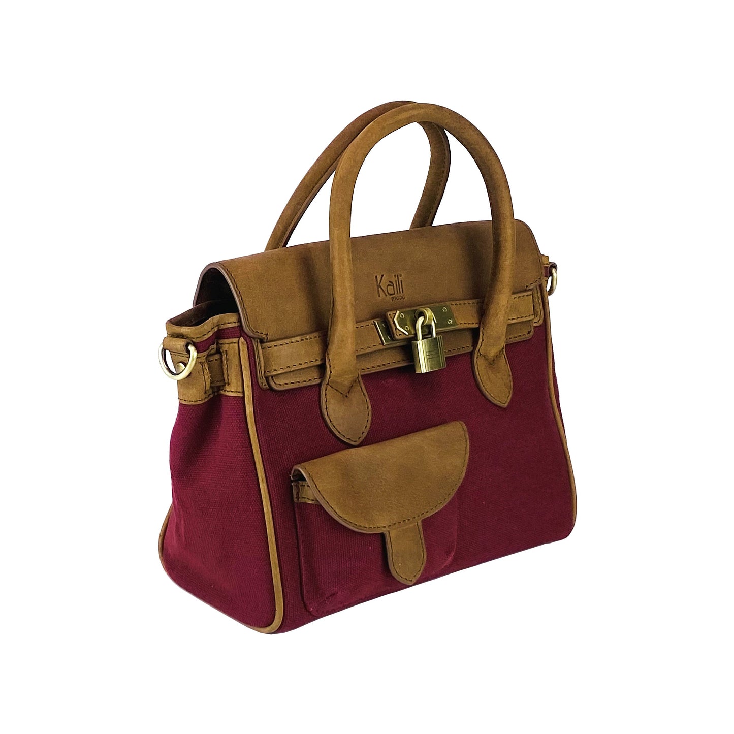 Brown and red handbag with a visible brand logo on a white background