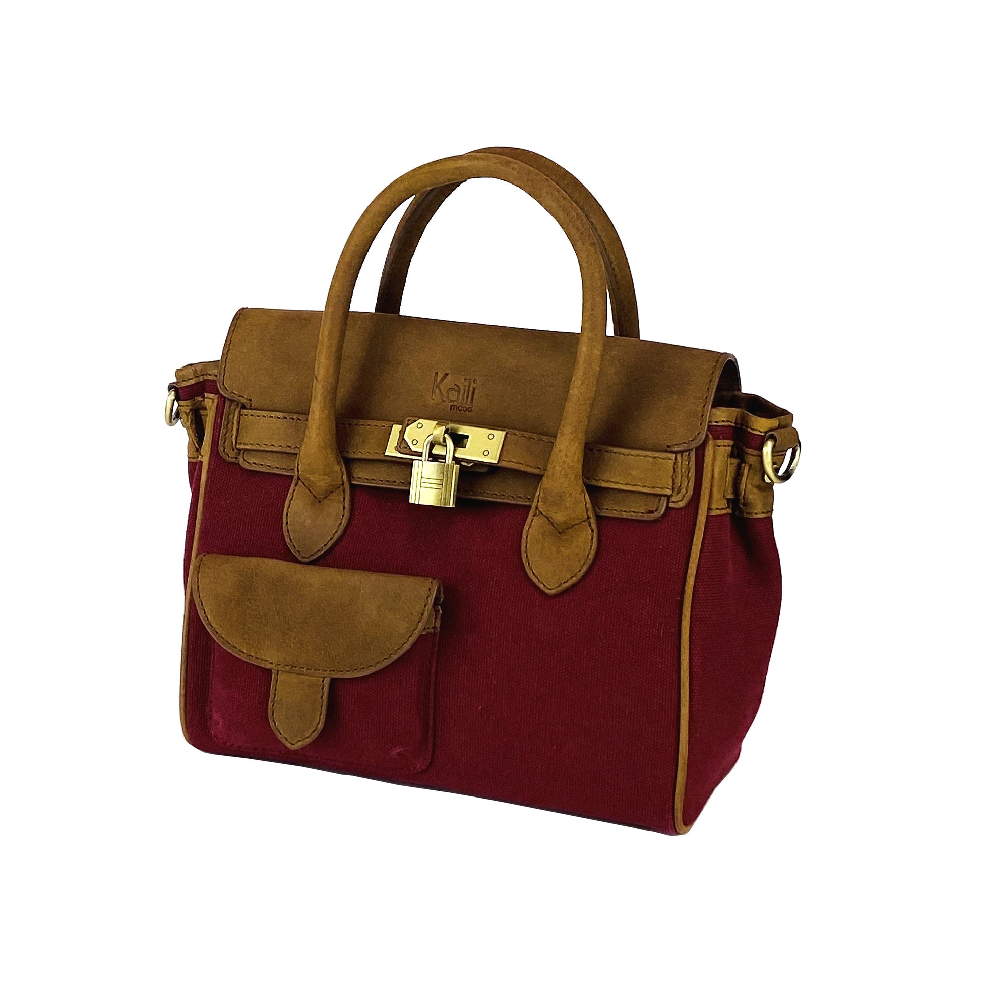 Brown and red handbag with gold accents on a white background