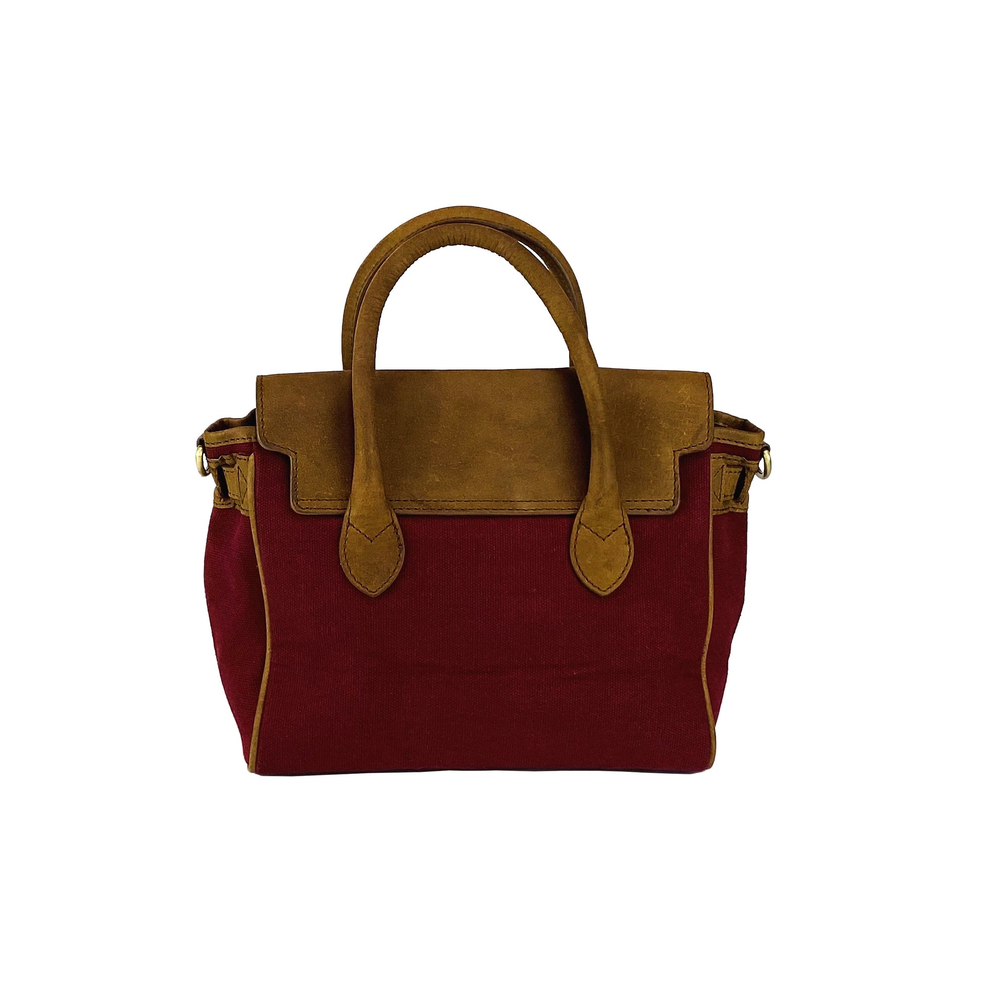 Brown and red handbag on a white background