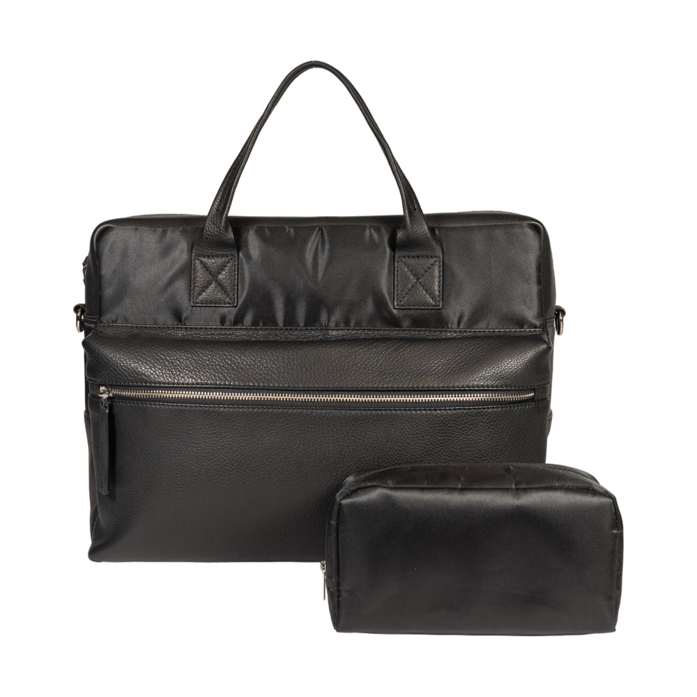 Black leather briefcase with a smaller black pouch on a white background