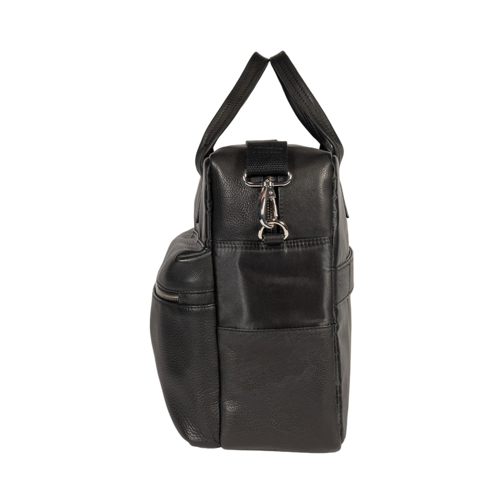 Black leather backpack on a white background