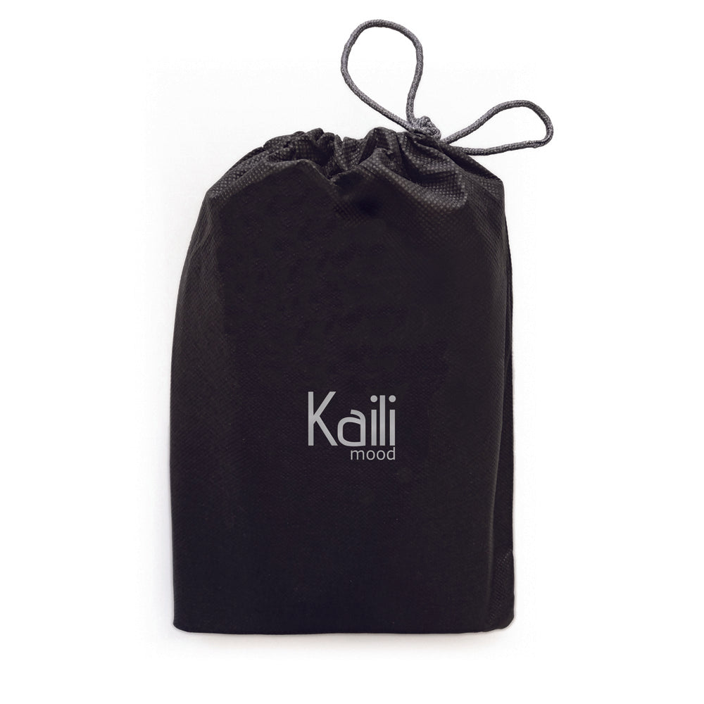 Black drawstring bag with 'Kali Mood' branding on a white background