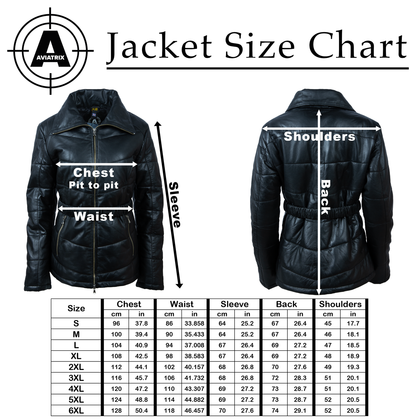 Jacket size chart with measurements for chest, waist, sleeve, back, and shoulders on a black jacket.