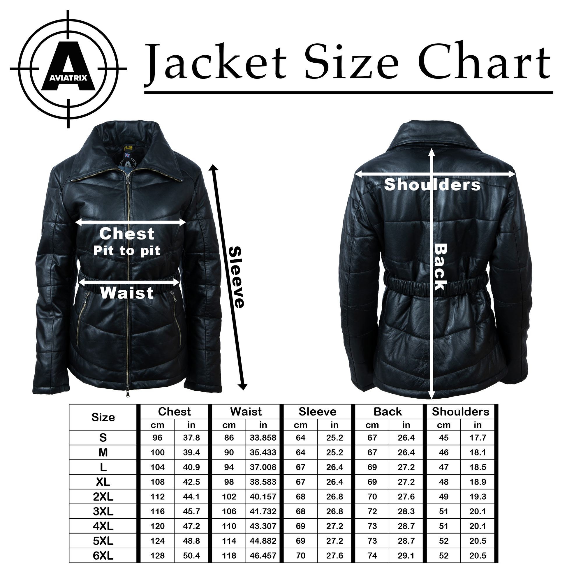 Jacket size chart with measurements for chest, waist, sleeve, back, and shoulders on a black jacket.