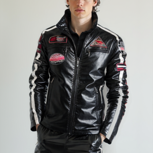 Person wearing a black leather racing suit with various logos on a plain background