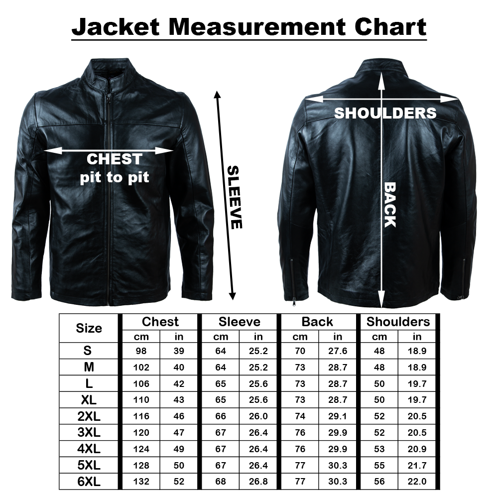 Jacket measurement chart with black leather jacket illustration and size chart.