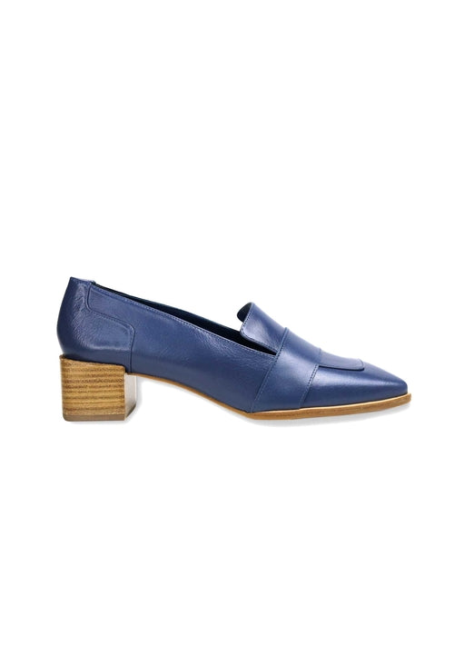 Blue loafer shoe with a wooden sole on a white background