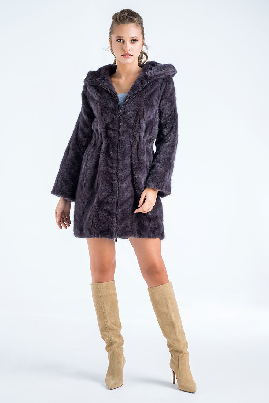 Gray Hooded Mink Fur Coat - Natural Luxury