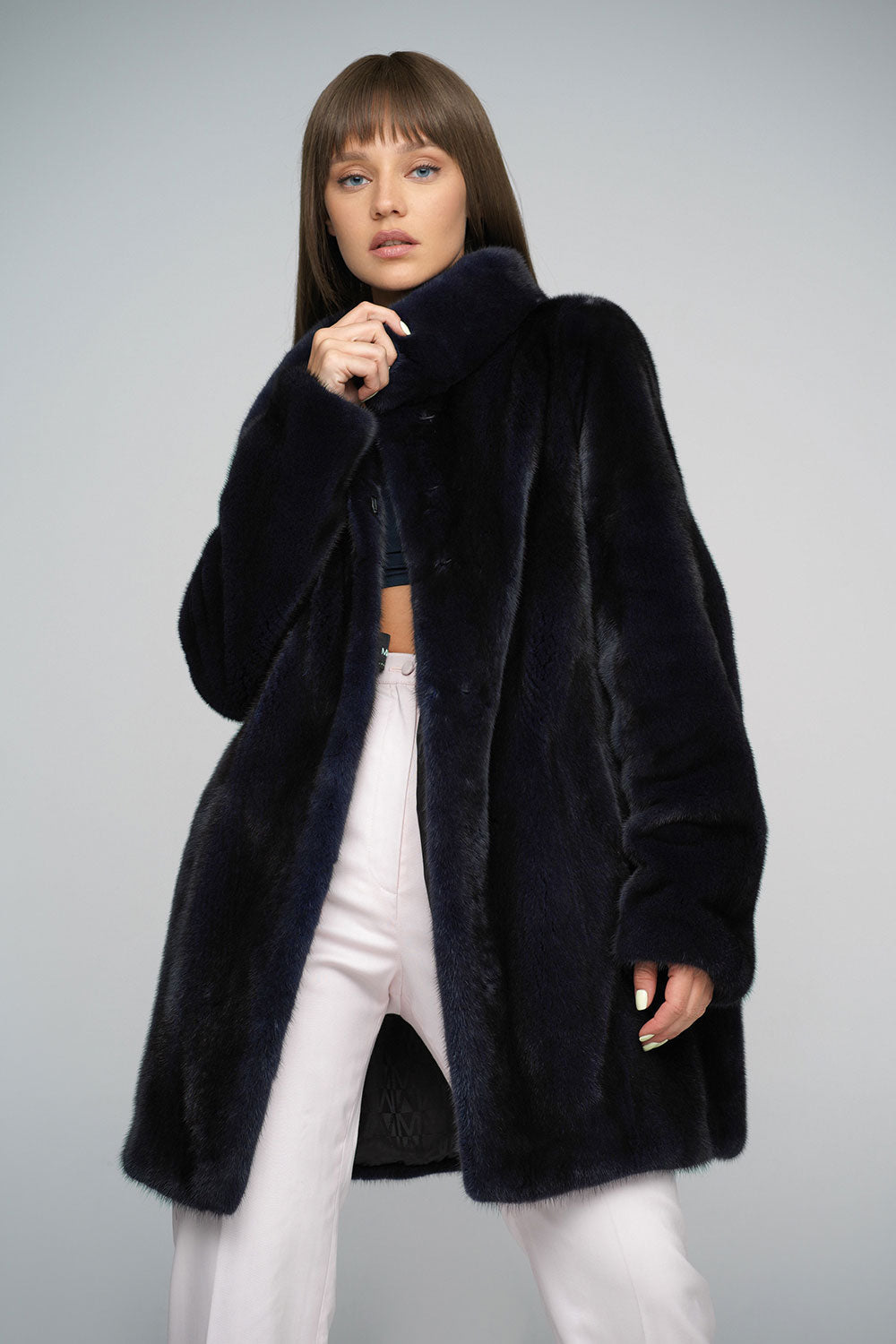 Navy Blue Mink Fur Midi Coat - Genuine Luxury