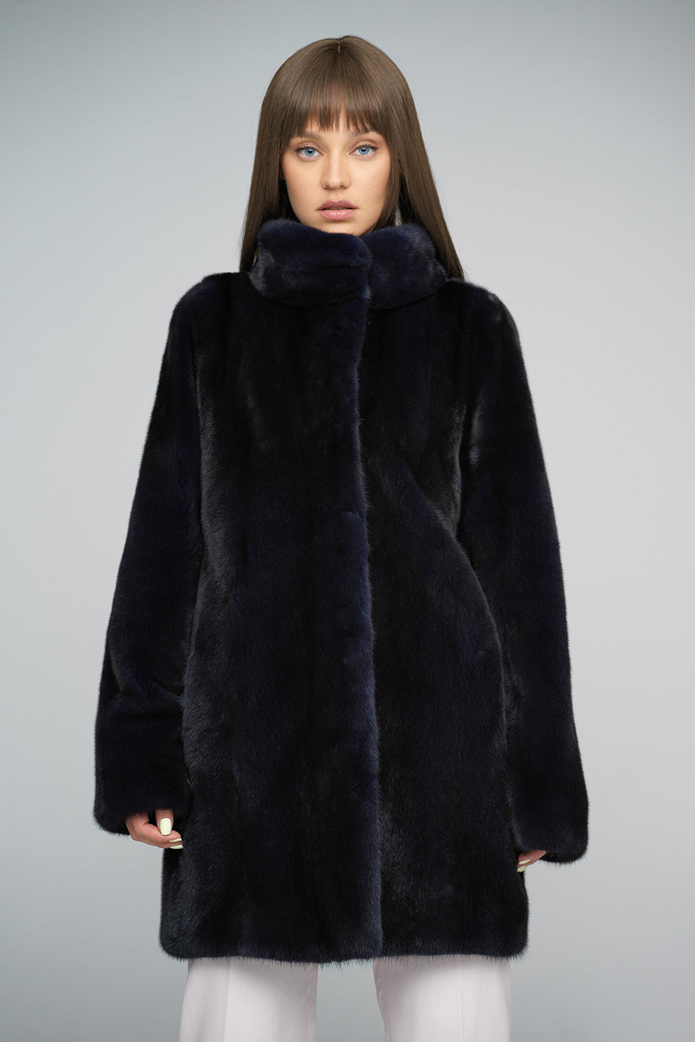 Navy Blue Mink Fur Midi Coat - Genuine Luxury
