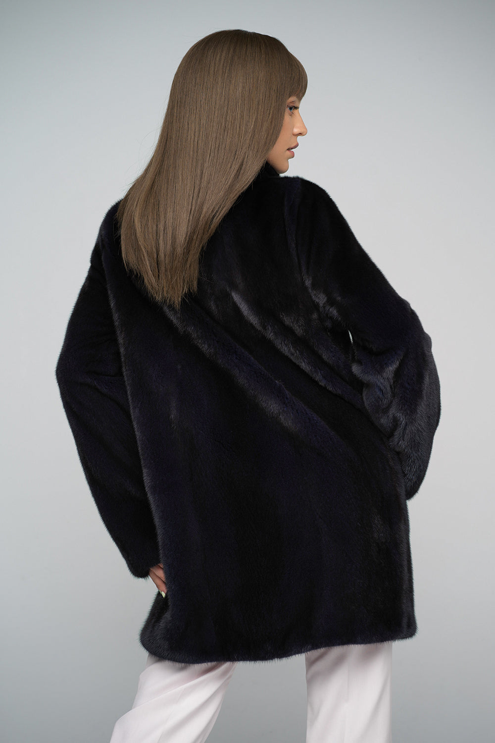 Navy Blue Mink Fur Midi Coat - Genuine Luxury