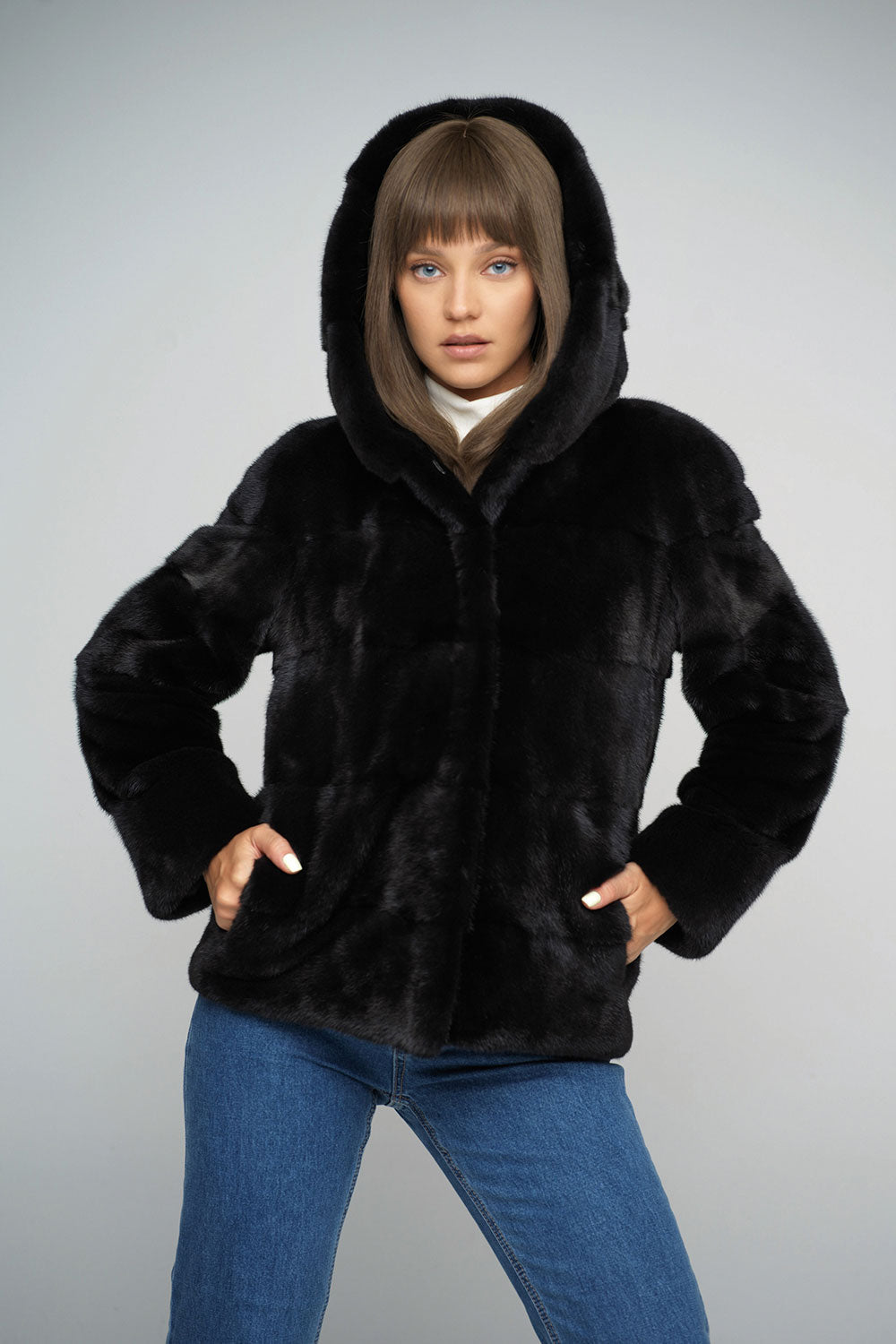 Black Mink Fur Hooded Jacket - Luxury Genuine Fur
