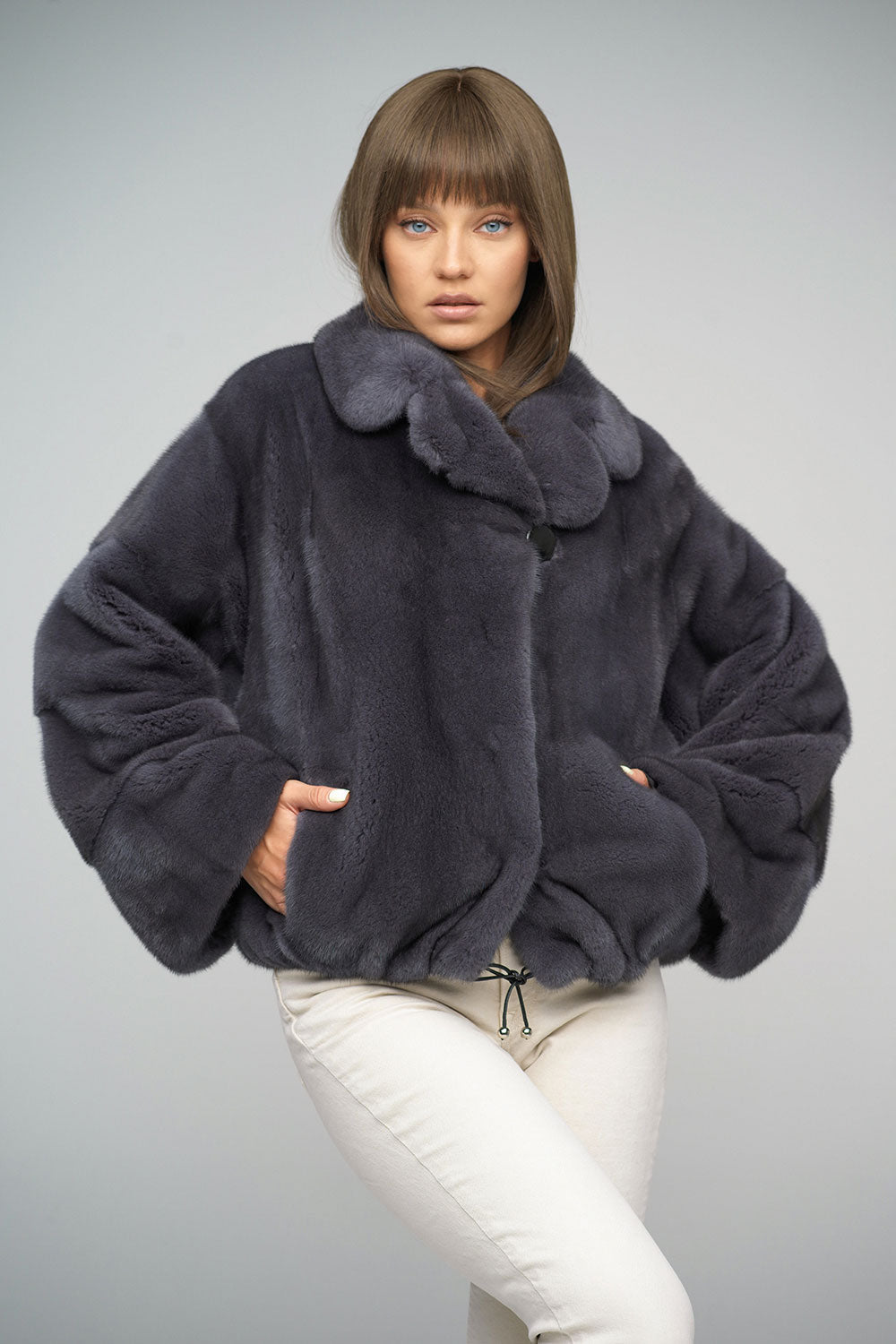 Grey Mink Fur Coat with Drawstring - Luxury 63cm
