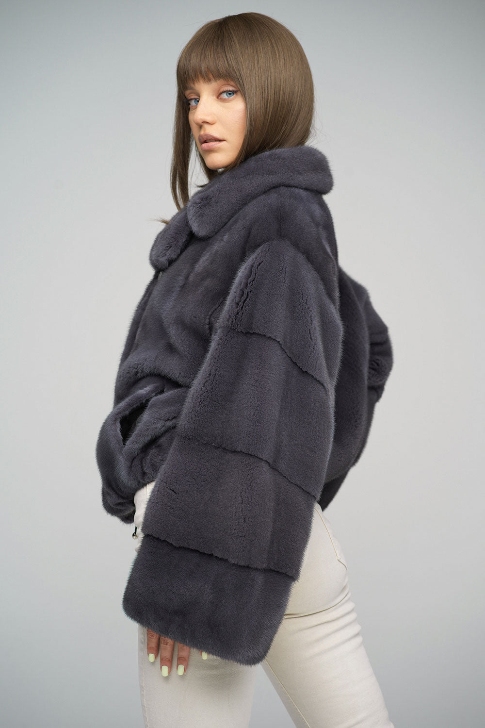 Grey Mink Fur Coat with Drawstring - Luxury 63cm