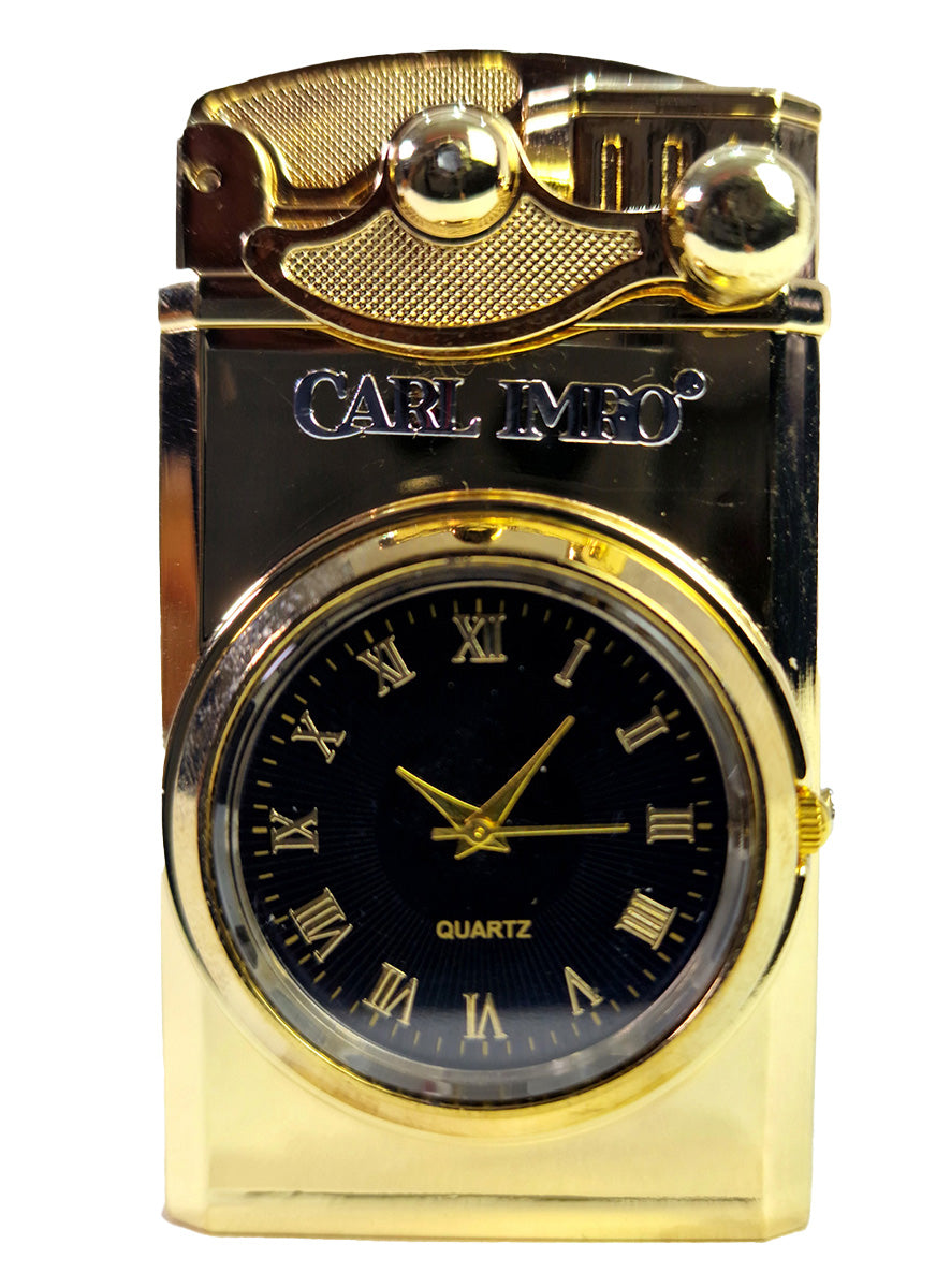 Gold and black watch with branding on a white background