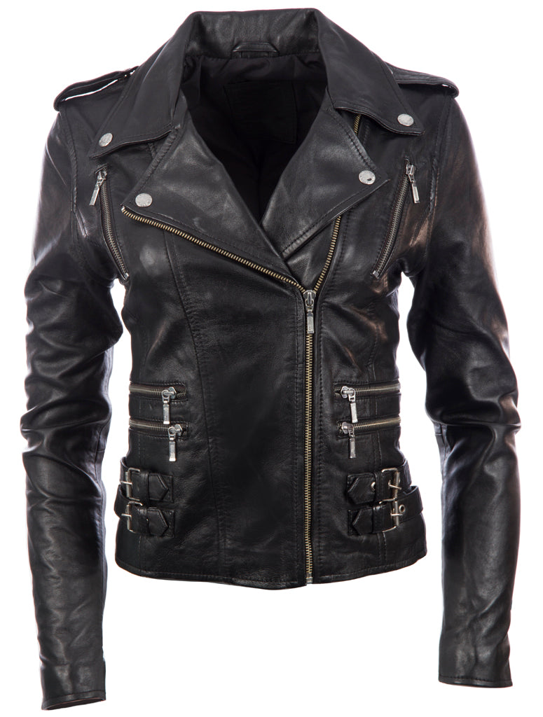 Black leather jacket with zippers and buckles on a white background front view