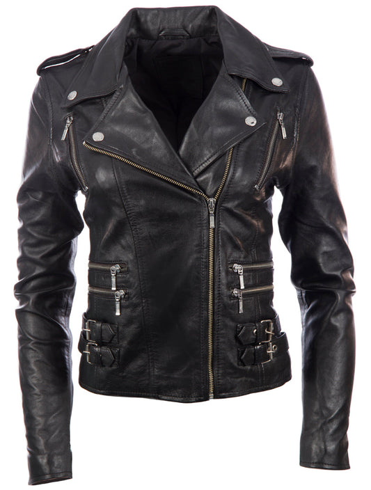 Black leather jacket with zippers and buckles on a white background front view