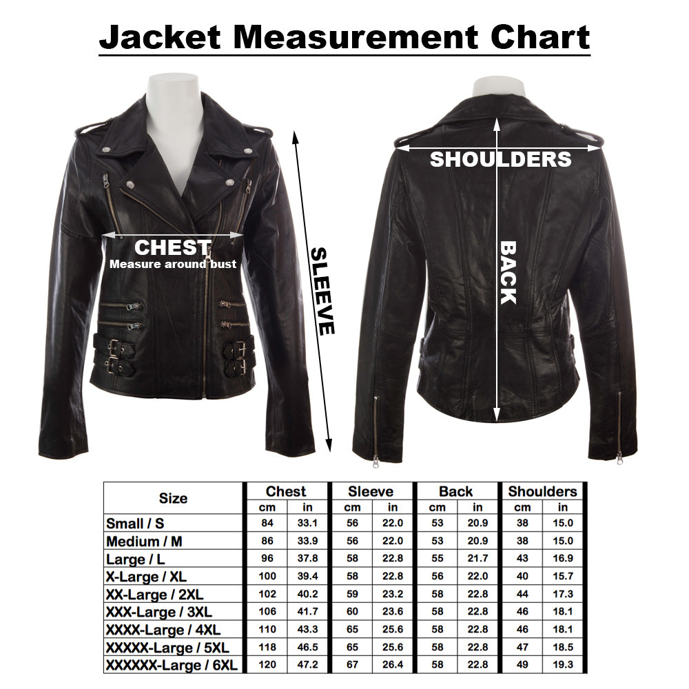 Black leather jacket with measurement chart on a white background