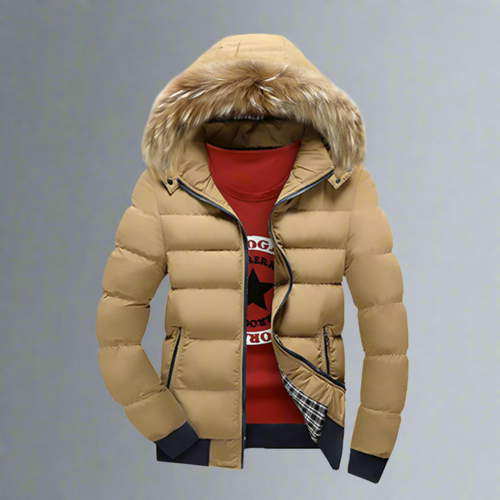 Beige puffer jacket with fur hood on a gray background