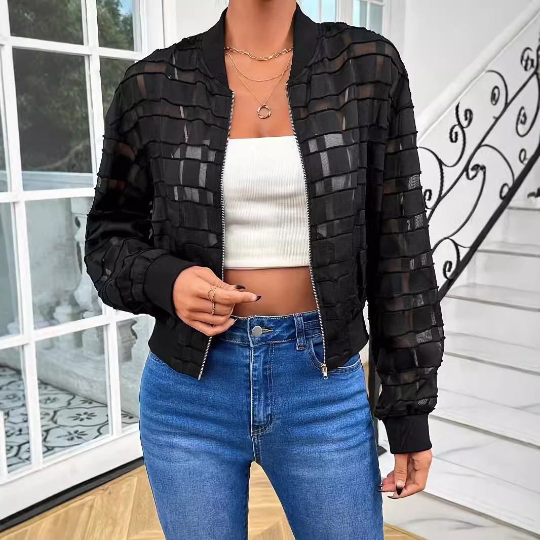Women's Sheer Mesh Zipper Casual Jacket
