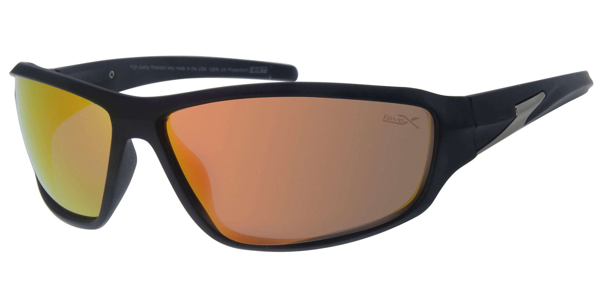 Black sunglasses with orange-tinted lenses on a white background