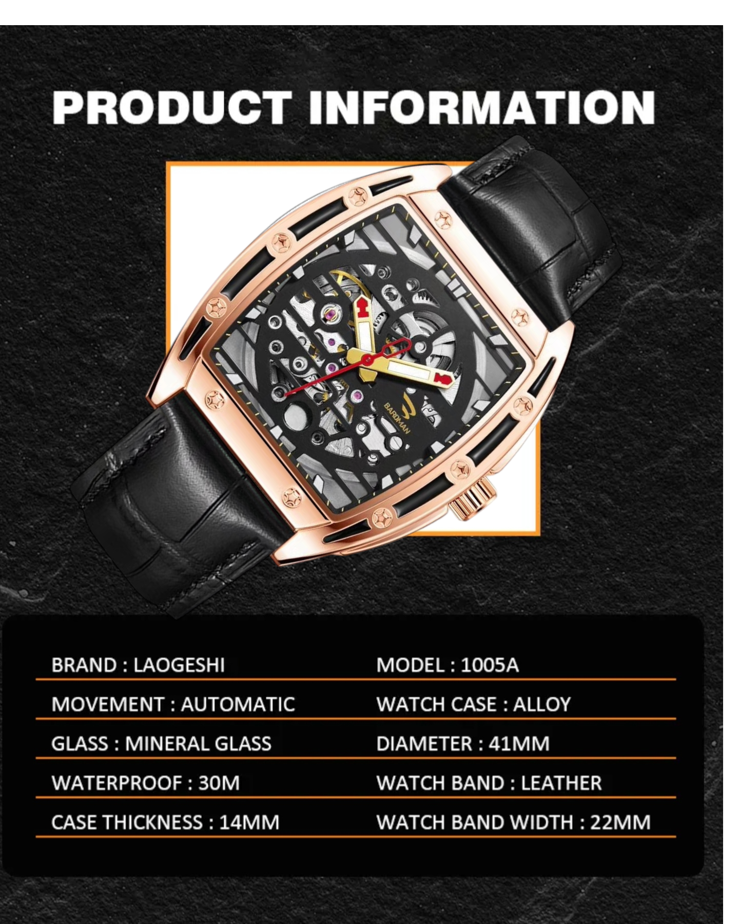 Luxury watch with detailed face and black leather strap on a dark background, featuring product information text.